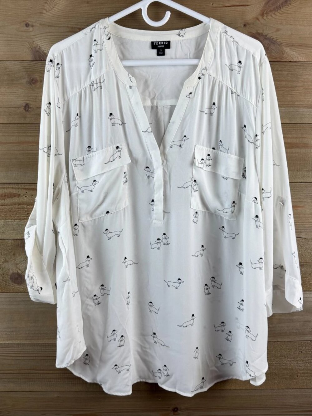 Torrid Womens Shirt 3/4 Roll Tab Sleeve Harper Dachshund Dog Novelty Blouse 3X